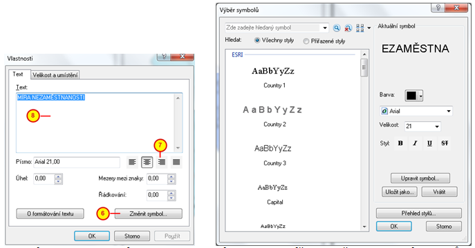 Dialogové okno vlastnosti názvu a formulář pro změnu vlastností symbolů